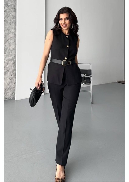 Kadın Ikili Alt Üst Takım Şık Kemerli Düğme Detaylı Bisiklet Yaka Regular Yelek Pantolon Takım fırsatları