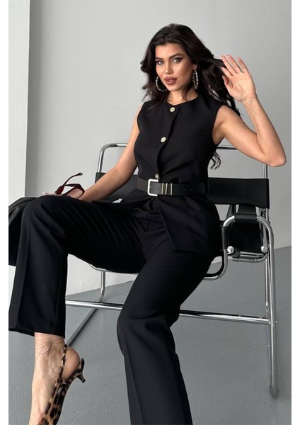 Kadın Ikili Alt Üst Takım Şık Kemerli Düğme Detaylı Bisiklet Yaka Regular Yelek Pantolon Takım indirimleri