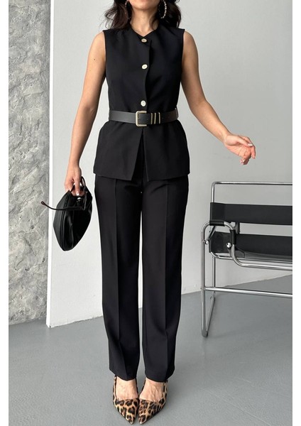Kadın Ikili Alt Üst Takım Şık Kemerli Düğme Detaylı Bisiklet Yaka Regular Yelek Pantolon Takım