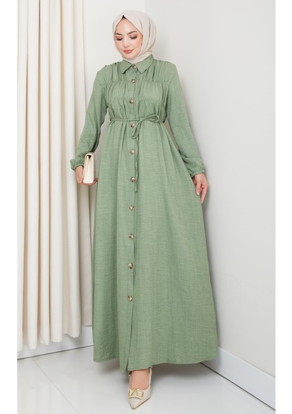 Kadın Büzgü Detaylı Kuşaklı Düğmeli Haki Elbise