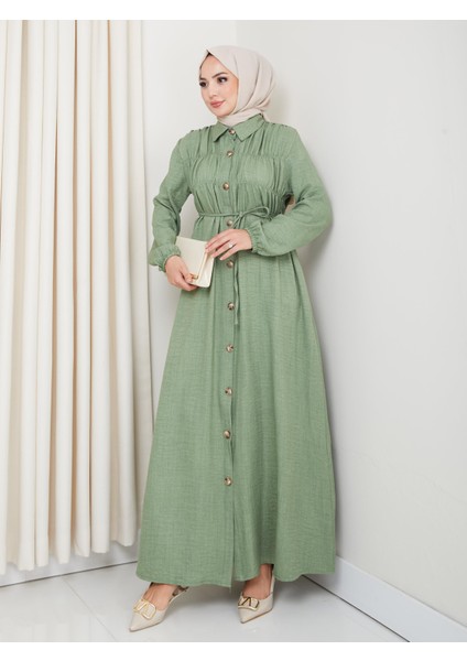 Kadın Büzgü Detaylı Kuşaklı Düğmeli Haki Elbise fiyatları