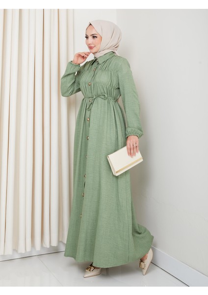 Kadın Büzgü Detaylı Kuşaklı Düğmeli Haki Elbise modelleri