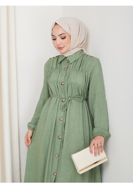 Kadın Büzgü Detaylı Kuşaklı Düğmeli Haki Elbise fırsatları