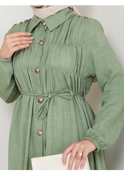 Kadın Büzgü Detaylı Kuşaklı Düğmeli Haki Elbise indirimleri