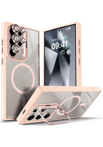 Samsung Galaxy S24 Ultra Kılıf Standlı Mika Magsafe Hassas Butonlu Metal Tuşlu + Kamera Lens Camı Hediyeli Set