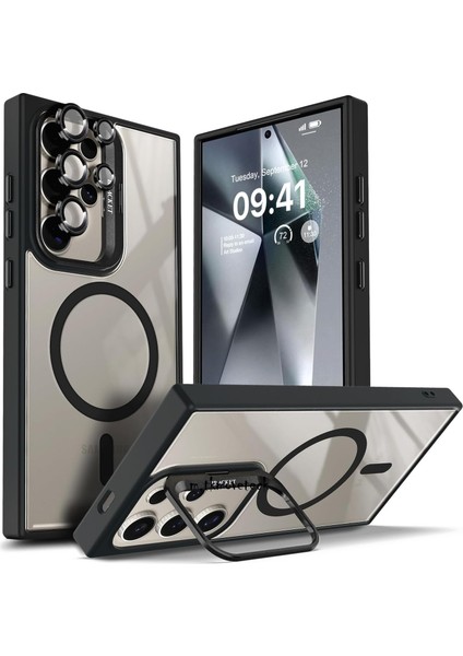 Samsung Galaxy S24 Ultra Kılıf Standlı Mika Magsafe Hassas Butonlu Metal Tuşlu + Kamera Lens Camı Hediyeli Set