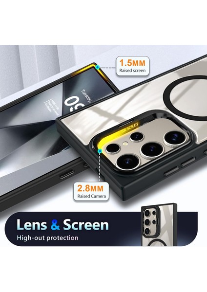 Samsung Galaxy S24 Ultra Kılıf Standlı Mika Magsafe Hassas Butonlu Metal Tuşlu + Kamera Lens Camı Hediyeli Set