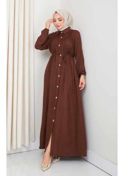 Kadın Büzgü Detaylı Kuşaklı Düğmeli Kahverengi Elbise