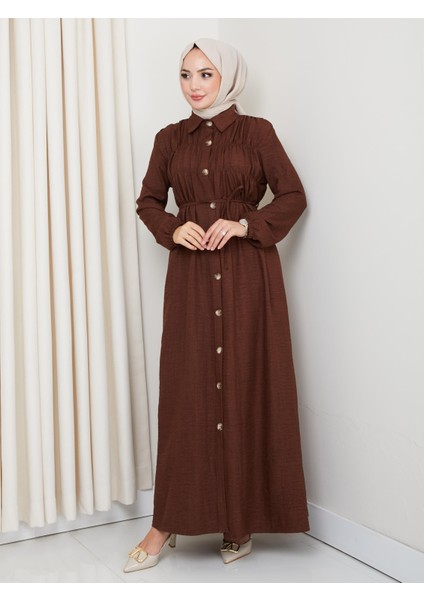 Kadın Büzgü Detaylı Kuşaklı Düğmeli Kahverengi Elbise fiyatları