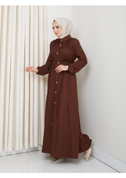 Kadın Büzgü Detaylı Kuşaklı Düğmeli Kahverengi Elbise modelleri
