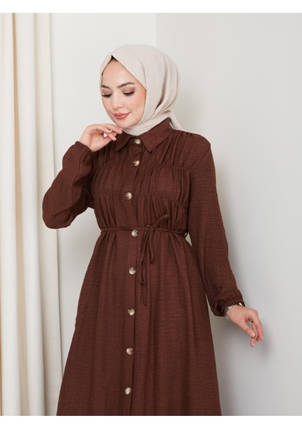 Kadın Büzgü Detaylı Kuşaklı Düğmeli Kahverengi Elbise fırsatları