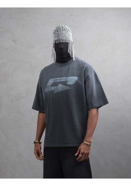 Yıkamalı Degrade Efektli Oversize Baskılı Unisex Tişört