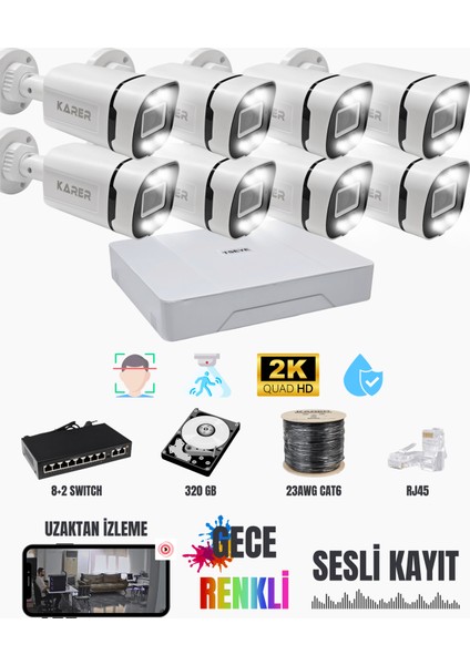 Exitcam 8'li Ip Kamera Seti 5mp 2k+ Sesli + Gece Renkli + 320GB HDD + Cat6 + Poe Switch + Nvr