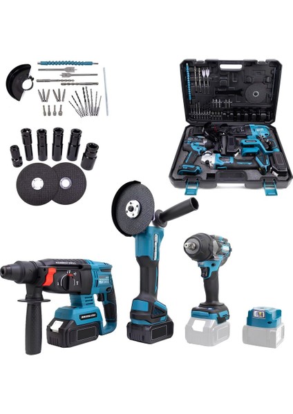 Akülü Kömürsüz 3ın1 Set Makine (800NM Somun Sökme, Kırıcı Delici , 125MM Avuç Taşlama, Powerbank ve Led) 88VF 10P EEA449