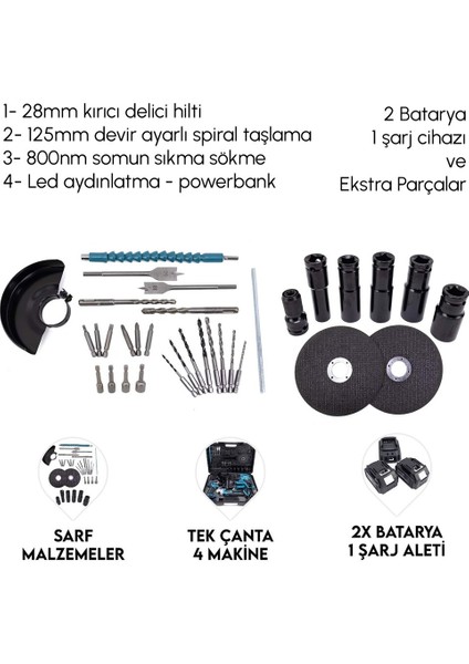 Akülü Kömürsüz 3ın1 Set Makine (800NM Somun Sökme, Kırıcı Delici , 125MM Avuç Taşlama, Powerbank ve Led) 88VF 10P EEA449 modelleri
