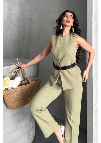 Kadın Ikili Alt Üst Takım Şık Kemerli Düğme Detaylı Bisiklet Yaka Regular Yelek Pantolon Takım fiyatları