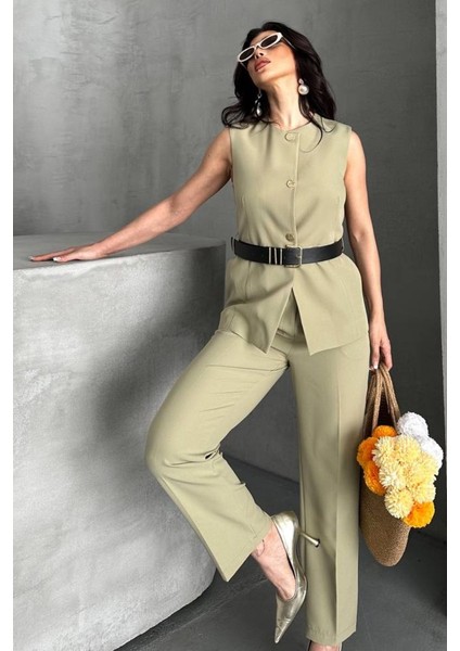 Kadın Ikili Alt Üst Takım Şık Kemerli Düğme Detaylı Bisiklet Yaka Regular Yelek Pantolon Takım modelleri