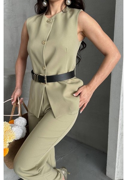 Kadın Ikili Alt Üst Takım Şık Kemerli Düğme Detaylı Bisiklet Yaka Regular Yelek Pantolon Takım