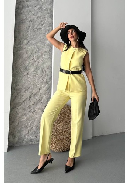 Kadın Ikili Alt Üst Takım Şık Kemerli Düğme Detaylı Bisiklet Yaka Regular Yelek Pantolon Takım indirimleri