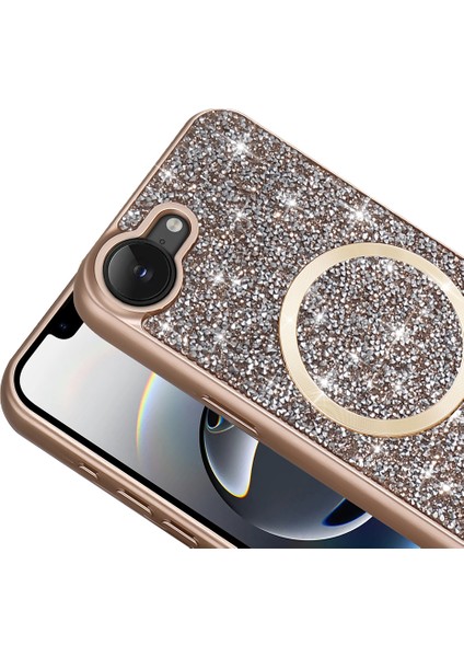 iPhone 16E Kılıf Pırlanta Tasarımlı M-Safe Şarj Özellikli Tdom Mozaik Silikon Kapak - Desert Titanyu