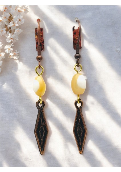 Esmer Taş Küpe 8mm Arpa Kesim – Kancalı Koyu Bakır Zamak Kaplama Geometrik Bohem Küpe 5,5cm fırsatları