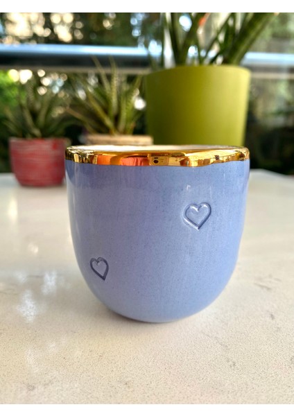 El Yapımı Seramik Gerçek 24K Altın Dekorlu Mavi Kalpli Espresso Bardağı modelleri