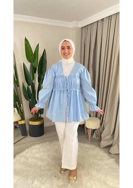Hera Büzgülü - Ip Bağlama Detaylı Keten Kumaş Kimono Gömlek