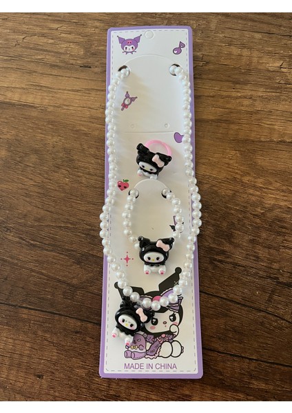 Kız Çocuk Sanrio Kuromi Kolye Bileklik Yüzük Seti