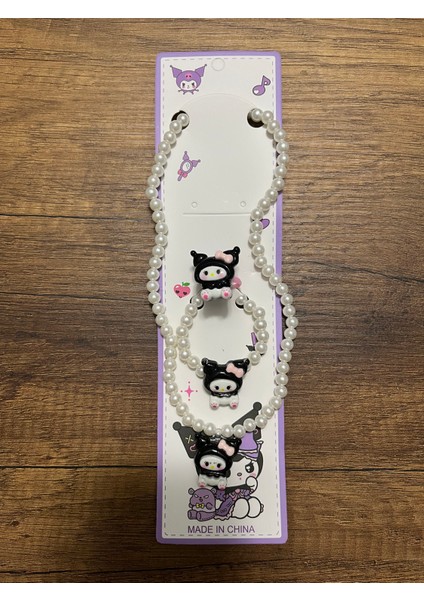 Kız Çocuk Sanrio Kuromi Kolye Bileklik Yüzük Seti modelleri