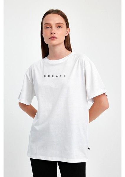 "create" Baskılı Minimalist %100 Penye Süprem Kadın Oversize T-Shirt
