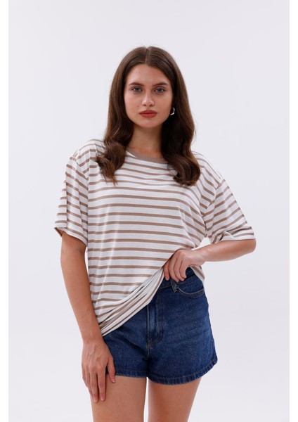 Çizgili %100 Compact Penye Süprem Basic Oversize T-Shirt