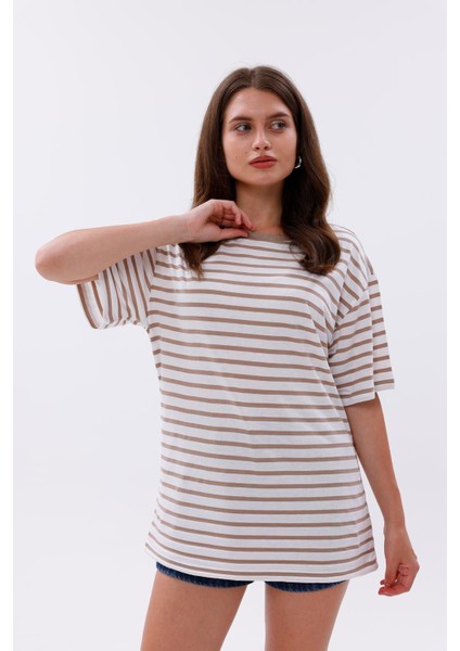 Çizgili %100 Compact Penye Süprem Basic Oversize T-Shirt fiyatları