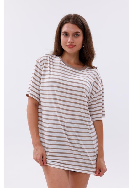 Çizgili %100 Compact Penye Süprem Basic Oversize T-Shirt modelleri