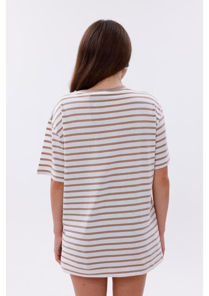 Çizgili %100 Compact Penye Süprem Basic Oversize T-Shirt indirimleri