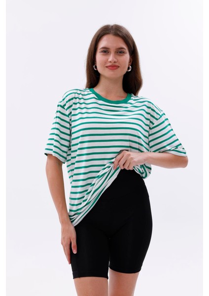 Çizgili %100 Compact Penye Süprem Basic Oversize T-Shirt