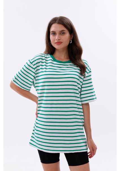 Çizgili %100 Compact Penye Süprem Basic Oversize T-Shirt fiyatları