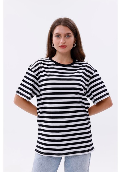 Çizgili %100 Compact Penye Süprem Basic Oversize T-Shirt
