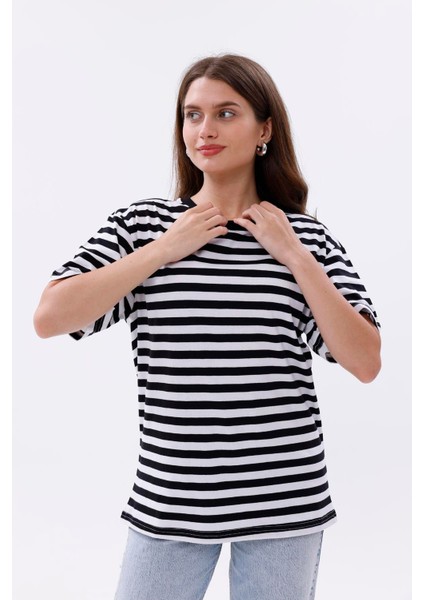 Çizgili %100 Compact Penye Süprem Basic Oversize T-Shirt fiyatları
