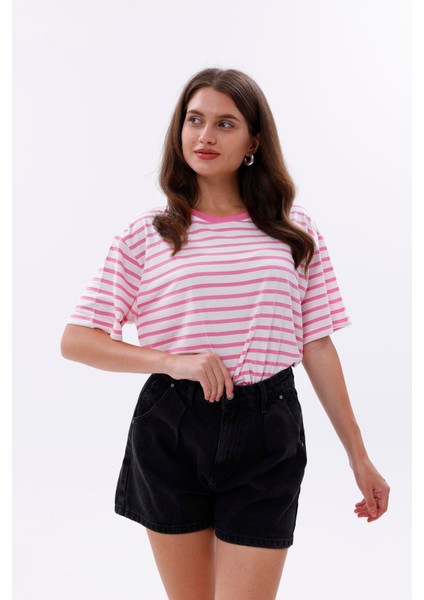 Çizgili %100 Compact Penye Süprem Basic Oversize T-Shirt
