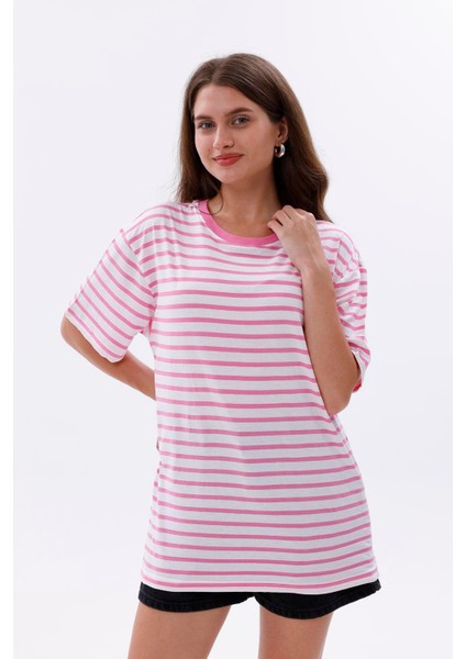 Çizgili %100 Compact Penye Süprem Basic Oversize T-Shirt modelleri