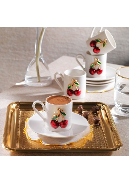 Şık 8 Parça 4 Kişilik Kahve Fincan Takımı, Kiraz Desenli, Beyaz Renk