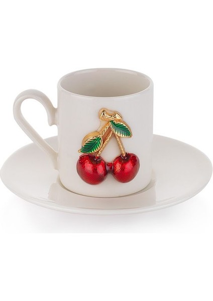Şık 8 Parça 4 Kişilik Kahve Fincan Takımı, Kiraz Desenli, Beyaz Renk fiyatları