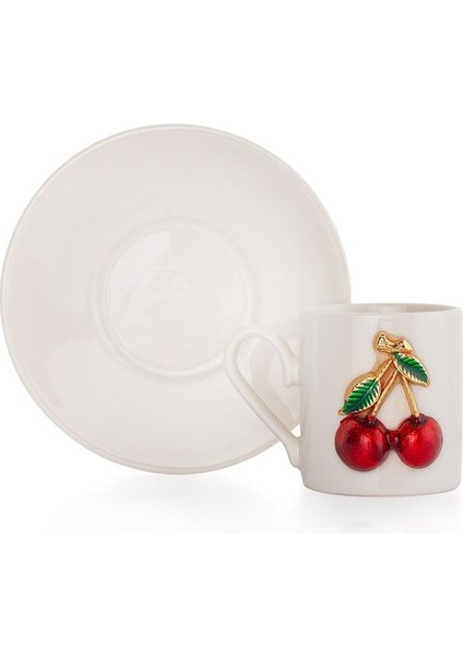 Şık 8 Parça 4 Kişilik Kahve Fincan Takımı, Kiraz Desenli, Beyaz Renk modelleri