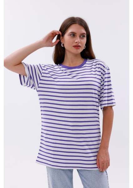 Çizgili %100 Compact Penye Süprem Basic Oversize T-Shirt