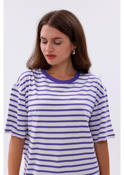 Çizgili %100 Compact Penye Süprem Basic Oversize T-Shirt fiyatları