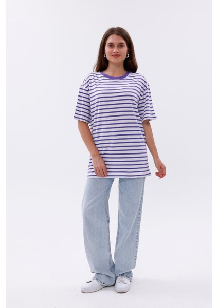 Çizgili %100 Compact Penye Süprem Basic Oversize T-Shirt fırsatları