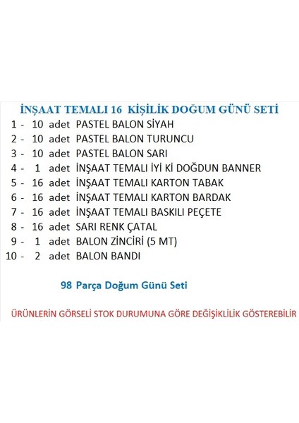 Inşaat Temalı 16 Kişilik Doğum Günü Seti fiyatları
