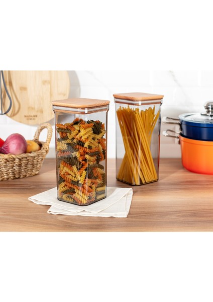 Kaviera 1500ml Ahşap Kapaklı Saklama Kabı 2'li