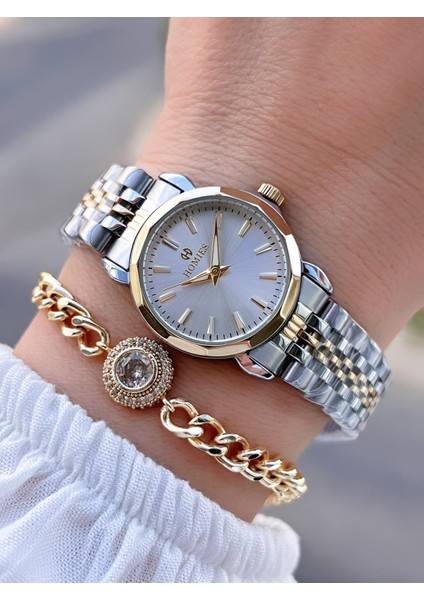 Çelik Kordon 2 Yıl Garantili 30 mt Suya Dayanıklı Kadın Kol Saati+Bileklik HM.B26416.3