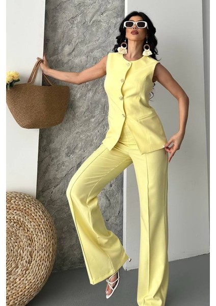 Kadın Ikili Alt Üst Takım Şık Düğme Detaylı Bisiklet Yaka Regular Yelek Pantolon Takım fiyatları